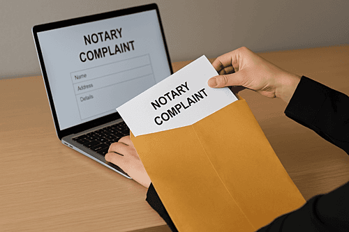 person sitting a table with a laptop with "notary complaint" on the screen and a manilla envelope in their hands with a document sticking out that says "notary complaint"